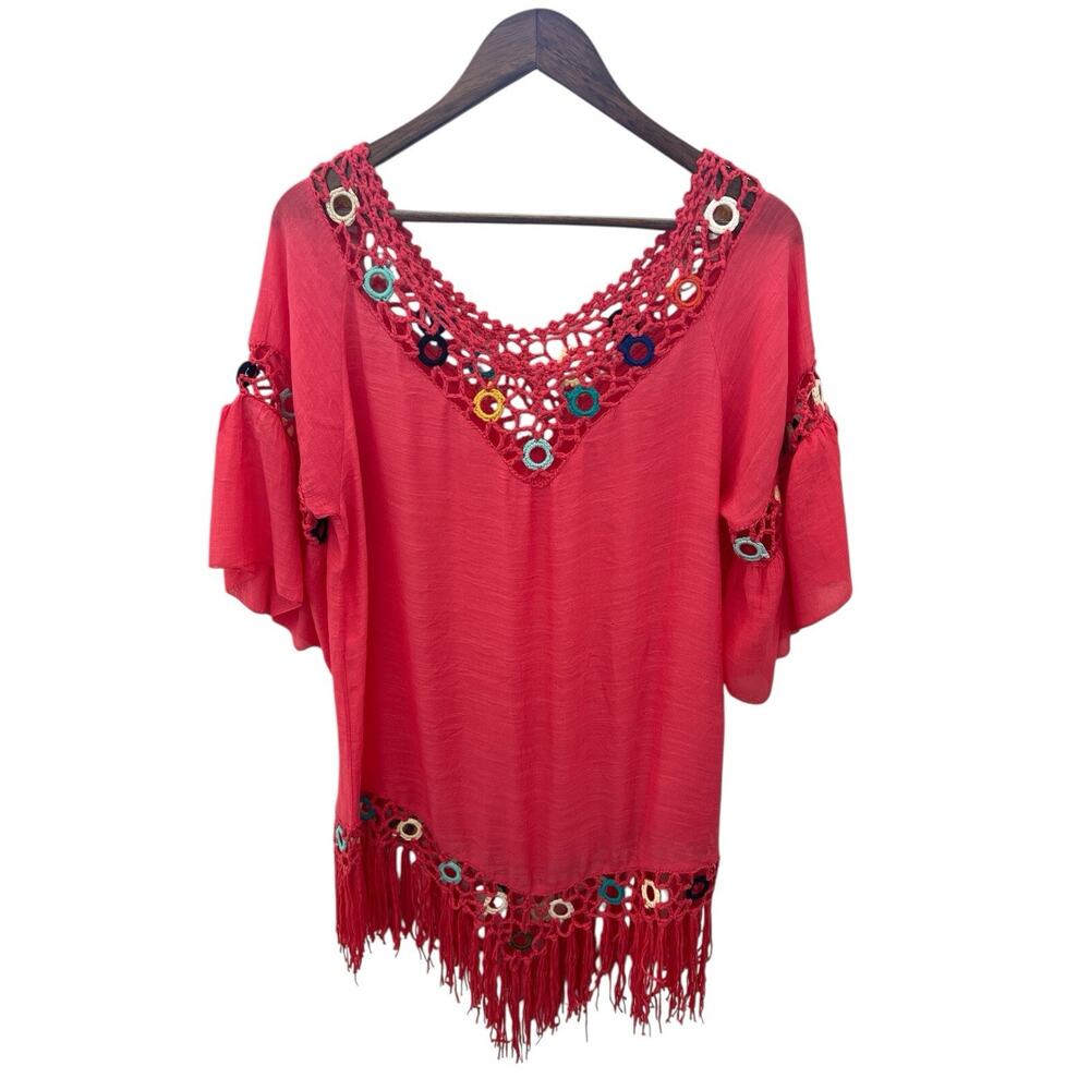 Boho Coral Tunic Blouse with Fringe & Multicolor Crochet One Size